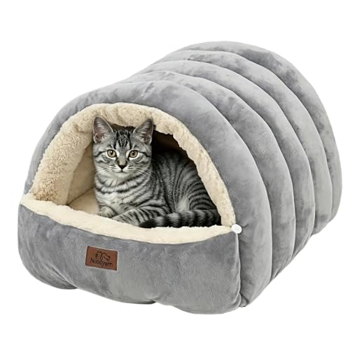 Covered Cat Bed Cave for Indoor Cats, 2-in-1 Enclosed Pet Bed for Small Dogs and Kittens with Zippered Washable Cat Mats, Cat House Bed, Grey - color: Grey, size: 23.6x17.7