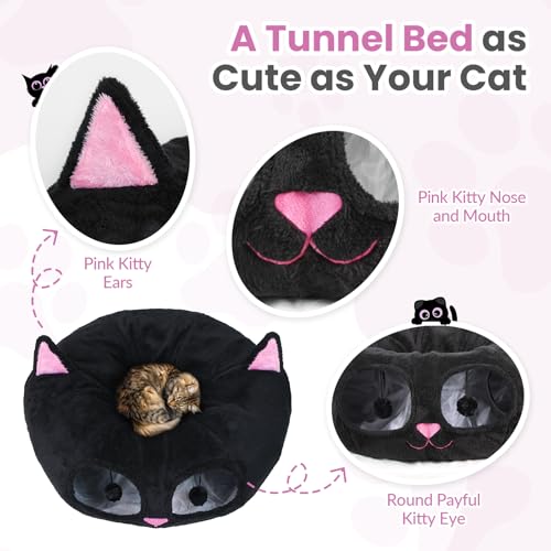 Cat Tunnel Bed for Indoor Cats, Peekaboo Cat Cave with Washable Soft Play Mat, Furry Cat Tube, for Kitten/Puppy/Rabbit, Kitten Series Black Pink - color: Black Pink