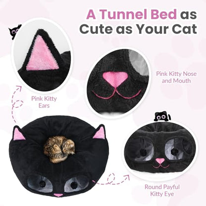 Cat Tunnel Bed for Indoor Cats, Peekaboo Cat Cave with Washable Soft Play Mat, Furry Cat Tube, for Kitten/Puppy/Rabbit, Kitten Series Black Pink - color: Black Pink