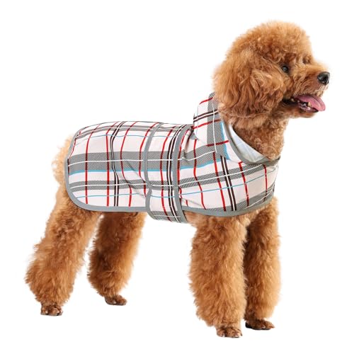 Dog Raincoat, Waterproof Dog Rain Jacket with Hood, Adjustable Rain Coat Poncho with Reflective Strips & Leash Hole for Large Medium Small Dogs Puppies, Lightweight Pet Clothes - color: Khaki Plaid, size: Small