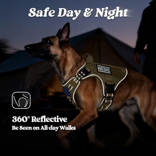 rabbitgoo Tactical Dog Harness Medium Sized, No Pull Upgraded Reflective Heavy Duty Molle Vest with Handle, Adjustable Military Service Dog Vest for Walking Hiking Training, Brown, M - color: Brown Reflective, size: Medium