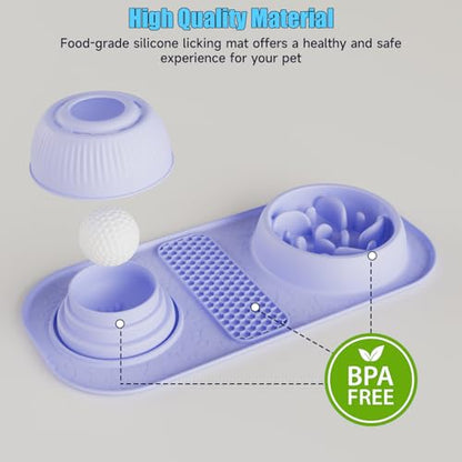Dog Lick Bowl with Rolling Ball, 3 in 1 Slow Feeder Dog Bowls, Bone Broth Dog Licking Bowl with Lick Mat & Interactive Rolling Ball, Non-Slip Dog Enrichment Toy for Small Medium Large Breed