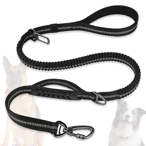 Dog Leash Heavy Duty, 4-6FT Bungee Leash Strong Shock Tactical Tug Leashes, Dog Seat Belt for Car with 2 Padded Handles, Reflective Rope Lead for L X-Large Dogs Walking Running Training (Black)