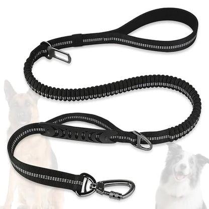 Dog Leash Heavy Duty, 4-6FT Bungee Leash Strong Shock Tactical Tug Leashes, Dog Seat Belt for Car with 2 Padded Handles, Reflective Rope Lead for L X-Large Dogs Walking Running Training (Black)