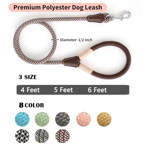 Mile High Life Dog Leash, Rope Leash with Genuine Leather Handle and Heavy Duty Metal Clasp, Great for Small Medium Large Dogs (Brown Check, 4FT) - color: Leather Handle-Brown Check, size: 48 Inch-1/2"