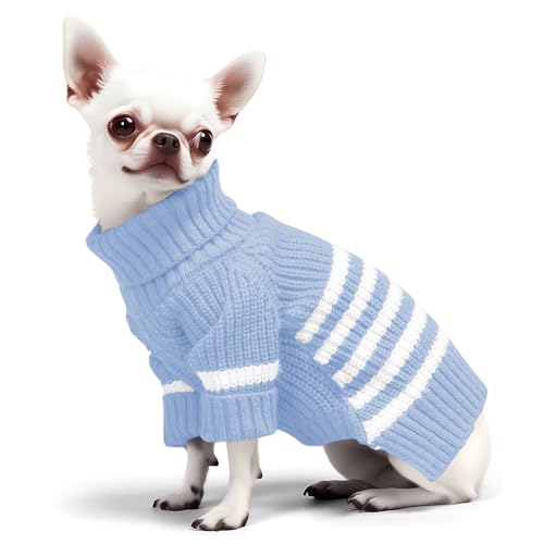 Haloumoning Small Dog Pullover Sweater, Striped Knitted Pet Sweaters for Fall Winter Dog Clothes, Turtleneck Thick Warm Clothes for Small Medium Large Dogs - color: Blue, size: X-Small