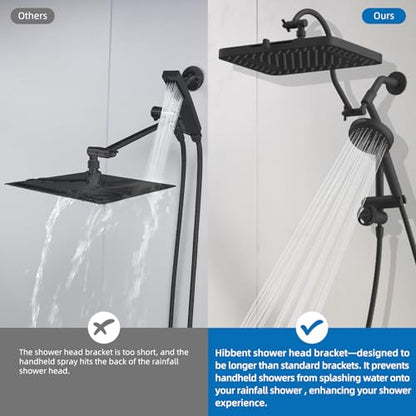 Hibbent cUPC Certified 13'' Shower Head Combo, High Pressure 5 Spray Rainfall Showerhead, 10 Spray Mode Handheld, All Metal Easy Reach 4-way Diverter Arm with Pause Mode, 71'' Hose and Holder, Black - color: Black, style: Square 13"