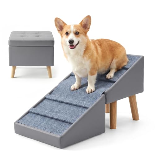 Dog Ramp for Small Dogs, 18.5" Extra Wide 3-in-1 Dog Stair with Foldable Ottoman & Hidden Storage Design, 15.7" H Safer Leather Pet Steps for Couch Sofa (Grey) - color: Grey