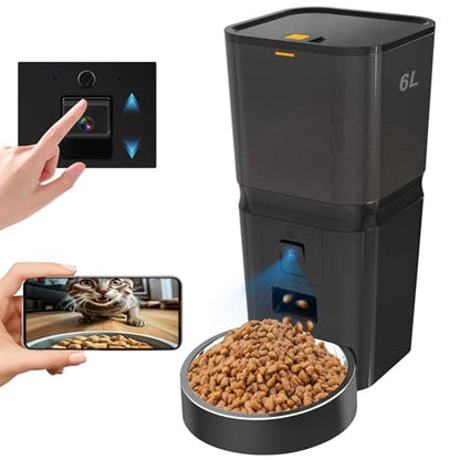 Automatic Cat & Dog Feeder with Camera, 6L Smart WiFi Pet Food Dispenser for Small Pets - Timed Feeding App, Battery Backup, Voice Recorder, Night Vision & Portion Control