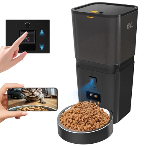 Automatic Cat & Dog Feeder with Camera, 6L Smart WiFi Pet Food Dispenser for Small Pets - Timed Feeding App, Battery Backup, Voice Recorder, Night Vision & Portion Control