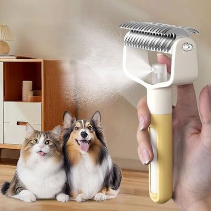 Dual-Sided Pet Grooming Comb for Dogs and Cats, Stainless Steel Dematting Undercoat Rake, 2-in-1 Deshedding Brush with Spray for Long Hair (Yellow) - color: Yellow