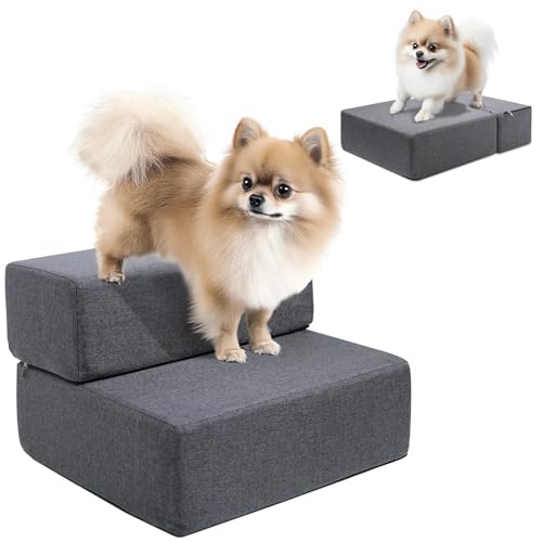 Dog Stairs for Small Dogs 12" H, Modular 2-Step Dog Steps for Bed and Couch, Non-Slip Indoor Pet Stairs for Cats, Pet Step with Washable Cover Grey - size: 2-Step 18"D x 16"W x 12"H