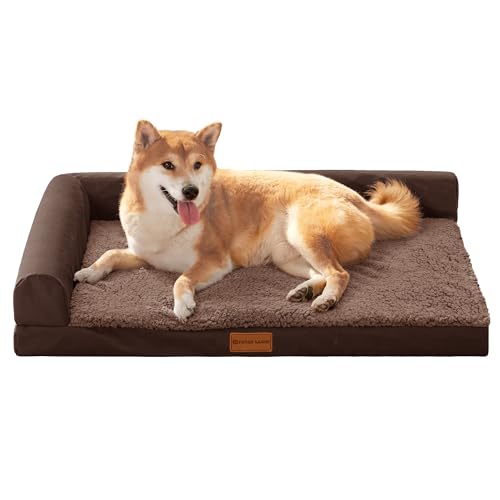 Patas Lague Orthopedic Dog Bed Medium Size Dog 30''X20'', Waterproof L Bolster Medium Pet Sofa Beds with Removable Washable Cover, Soft Pet Couch Crate Mat with Nonskid Bottom, Brown - color: Brown, size: 30"L x 20"W x 3.5"Th