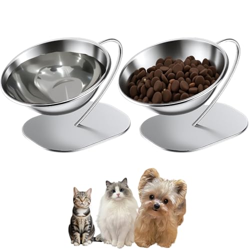 Elevated Cat Bowls,15 Degree Inclined Stainless Steel Cat Bowls,Detachable Metal Bracket,Protect The Cervical Spine,Prevent Vomiting,Ergonomic Design for Healthy Eating & Digestion,2PC (2PC) - size: 2PC