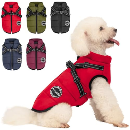 Dog Winter Coat, Warm Dog Jacket Reflective Adjustable Fleece Vest with Harness Built in, Windproof Pet Snow Jacket Snowsuit with Zipper for Small Medium Dogs, Red XS - color: Red, size: X-Small