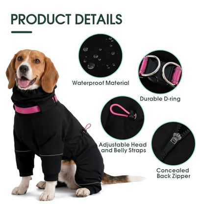 Kouser Waterproof Full-Body Coverage Dog Raincoat, Black 2XL | Dog Raincoat with Reflective Stripes, Adjustable Dog Rain Jacket with Leash D-Ring, Hooded Poncho for Small Medium Large Dogs - color: Black, size: XX-Large(Back Length:23.62")