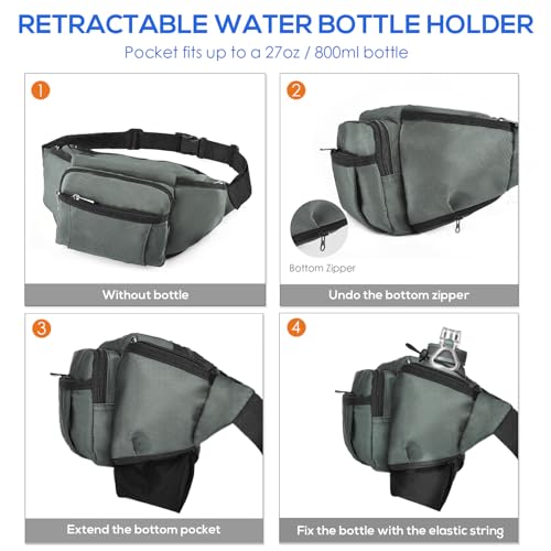 NOOLA Fanny Pack Waist Bag for Men Women, Lightweight Waist Pack with Water Bottle Holder, Adjustable Belt Bag with Multi-Pockets for Hiking, Dog Walking, Outdoor, Cycling, Running, Travel, Grey - color: Grey