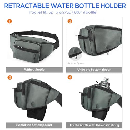 NOOLA Fanny Pack Waist Bag for Men Women, Lightweight Waist Pack with Water Bottle Holder, Adjustable Belt Bag with Multi-Pockets for Hiking, Dog Walking, Outdoor, Cycling, Running, Travel, Grey - color: Grey