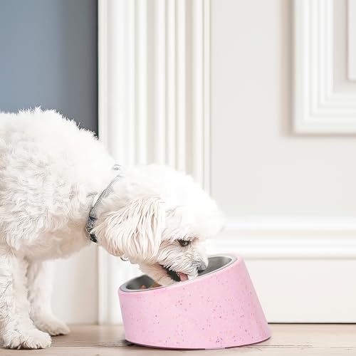 bzyoo 16oz Tilted Dog Bowl for Small Dogs & Cats, 15° Elevated Stainless Steel Pet Feeder, Ergonomic Anti-Vomiting Food Bowl for Frenchie, Pug, Persian Cat, Non-Skid Melamine Stand, Sprinkle (Pink) - color: Pink