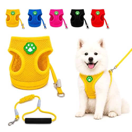 Dog Harness Small Sized and Leash Set, Step in Soft Light Puppy Vest, Breathable Mesh Pet Harness, Adjustable Pet Puppy Harness, Easy Walk Dog Harness, M: Chest 11.8-17.7" - color: Yellow, size: M: Chest 11.8-17.7" Leash 3.8 FT