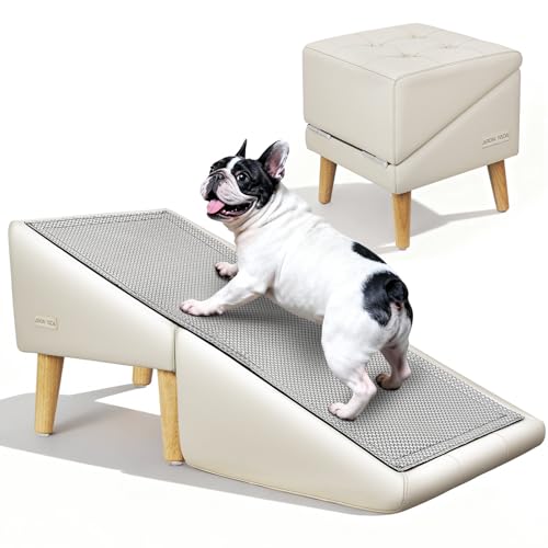 Dog Stairs for Small Dogs and Cats 16" H - with Encrypted Dot-Grip Non-Slip Surface, 2-in-1 Pet Ramp & Steps for Bed/Couch, Foldable Split Ottoman with Solid Wood Frame, Sturdy & Portable for Puppies - color: Beige