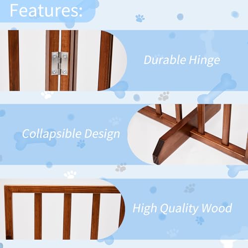 3-Panel Dog Gate for Stairs, Pet Gate Indoor, 24" Height Dog Fence with 2 Support Feet, Foldable & Well-Ventilated, No Assembly Required, Wood Stair Gates for Small to Medium-Sized Pet Breeds, Brown - size: 3-panel