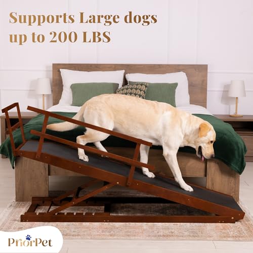 Dog Ramp for Bed with Safety Rails for High Beds up to 37" – Extra Wide 19.5" Adjustable Dog Bed Ramp for Large Dogs up to 200 lbs – Solid Birchwood, Non-Slip Rubber Surface, Foldable Design – Walnut - color: Walnut