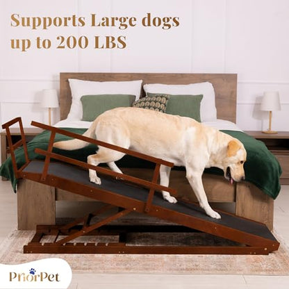 Dog Ramp for Bed with Safety Rails for High Beds up to 37" – Extra Wide 19.5" Adjustable Dog Bed Ramp for Large Dogs up to 200 lbs – Solid Birchwood, Non-Slip Rubber Surface, Foldable Design – Walnut - color: Walnut
