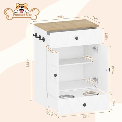 Pet Feeding Station with Storage, Raised Dog Bowls, Pet Feeder Cabinet, with Adjustable Shelves, Rolling Drawer, Hooks, for Feeding & Watering Supplies (Light) - color: Light