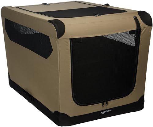 Amazon Basics Portable Folding Soft Dog Crate for Cat, Dog, Rabbit, Double Door with Mesh Ventilation, Collapsible, Easy to Set Up, Large 36" x 24" x 24", Tan - color: Tan, size: L 36" x 24" x 24"