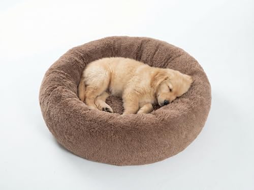 SAVFOX 23 inches Calming Donut Dog Bed - 3X Durable Plush Faux Fur, Machine Washable & Non-Slip, Fits up to 25 lbs, Brown - color: Brown, size: Small | 23"x23"