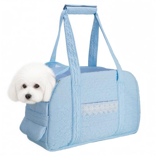 Dog Carrier Tote Bag, Foldable Soft Sided Breathable Mesh Lightweight Travel Handbag with Padded Handles, Lace Decor Portable Pet Purse for Small Puppy Kitten Cat Up to 15 Lbs (Blue) - color: Blue