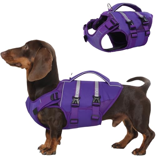 Kuoser Dog Life Jacket, High Flotation Dog Life Vest for Swimming Boating, Adjustable Ripstop Pet Lifesaver for Small Medium and Large Dogs, Reflective Safety Puppy Swimming Vest with Rescue Handle - color: Purple, size: Xs (Chest Girth:12.99-18.11'')