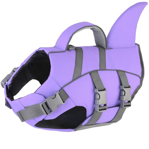 Dogcheer Dog Life Jacket with Shark Fin, High Buoyancy Swim Vest with Top Rescue Handle, Adjustable Reflective Flotation Vest for Swimming, Kayaking, Boating - Taro Purple,S - color: Taro Purple, size: Small