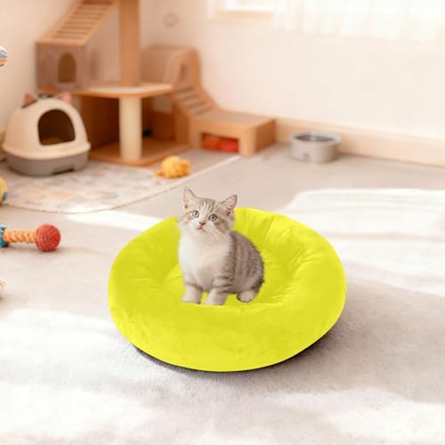 Sunny Yellow Solid Color Calming Dog Bed for Cats & Small Medium Dogs, Washable Plush Round Donut Pet Bed with Soft Raised Rim, 13 inches Warm Anti-Slip Cushio - size: 13 inch