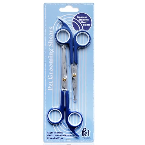 Pet Magasin Japanese Stainless Steel Grooming Scissors (2) for Facial Hair and Larger for Body Trimming with Round Tip (Blue) - color: Blue