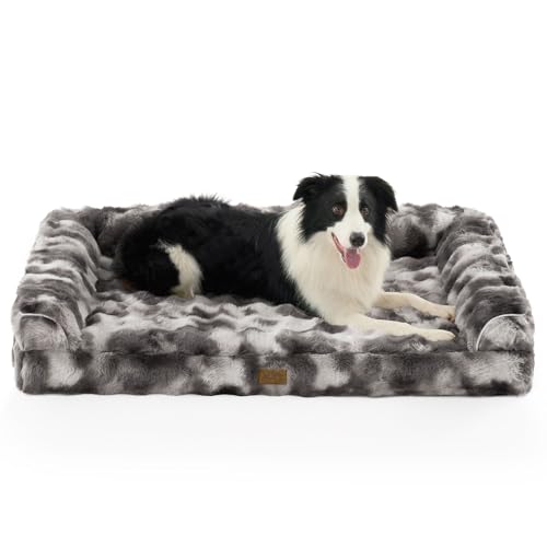 Faux Fur Orthopedic Dog Bed, Extra Large Dog Bed, Supportive Foam Pet Sofa with Waterproof Lining Cover, Washable U-Shaped Pet Couch with Anti-Slip Bottom Design, Tie-dye Grey XXL 48x32x8 inch - color: Tie-dye Grey, size: XXL (48x32x8 inch)