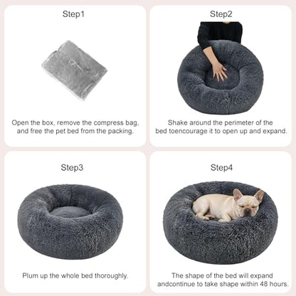 Dog Calming Beds for Small Medium Large Dogs - Round Donut Washable Puppy Dog Bed, Anti-Slip Faux Fur Fluffy Donut Cuddle Anxiety Cat Pet Bed(28" Dark Grey) - color: Dark Grey, size: 28"L x 28"W x 8"Th