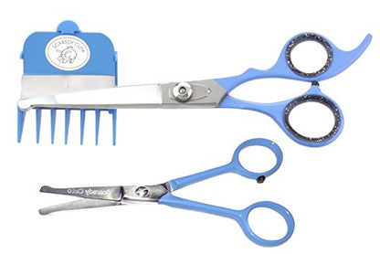 Scaredy Cut NO Buzz Dog Clippers, Tiny Trim Safety Scissor. A Silent Low Noise Pet Grooming Clipper, Right Handed Blue - color: 17pc Th + Tiny Trim Blue