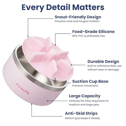 PawsPik 64oz 18/8 Stainless Steel Slow Feeder Dog Bowl, Double-Wall Non-Slip Metal Dog Bowl for Fast Eating Medium & Large Breeds, Detachable Slow Feeder Insert, Dishwasher Safe (Cherry Blossom Pink) - color: Cherry Blossom Pink