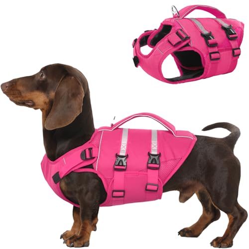 Kuoser Dog Life Jacket, High Flotation Dog Life Vest for Swimming Boating, Adjustable Ripstop Pet Lifesaver for Small Medium and Large Dogs, Reflective Safety Puppy Swimming Vest with Rescue Handle - color: Rose, size: Xs (Chest Girth:12.99-18.11'')