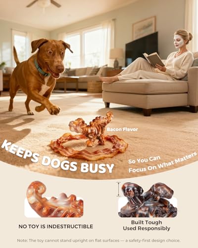 DinoBone 2-Pack Tough Dog Chew Toys for Aggressive Chewers, Rock-Hard Nylon Dinosaur Bones for Large Dogs 20–90 lbs, Almost Indestructible Dog Toys, Helps Redirect Destructive Chewing, Bacon Flavor