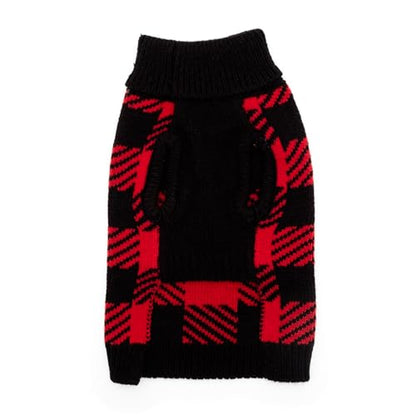 THE WORTHY DOG Buffalo Turtleneck Sleeveless Dog Sweater – Warm Pullover Dog Clothes with Leash Opening, Acrylic Double Knit & High-Cut Belly - Black, X-Small - color: Buffalo Turtleneck - Black/Red, size: X Small