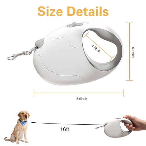 Retractable Dog Leash, 16ft Strong Nylon, 360° Tangle-Free, Dog Pattern for Small, Medium, and Large Dogs Up to 110 lbs (White) - color: white