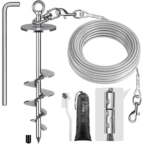 SELEWARE Dog Tie Out Cable and Stake - 17" Rust-Proof Swivel Anchor w/30FT Heavy Duty Cable for Large Dogs up to 220 lbs - No-Tangle, Easy Install with Torsion Bar, Secure for Yard, Camping & Beach - color: Silver-E, size: 30 ft cable + stake