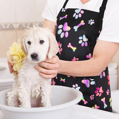 Dog Grooming Waterproof Apron with 2 Pockets, Cute Animals Puppy Dog Pets Apron - style: Gradient Colorful Dog Paw