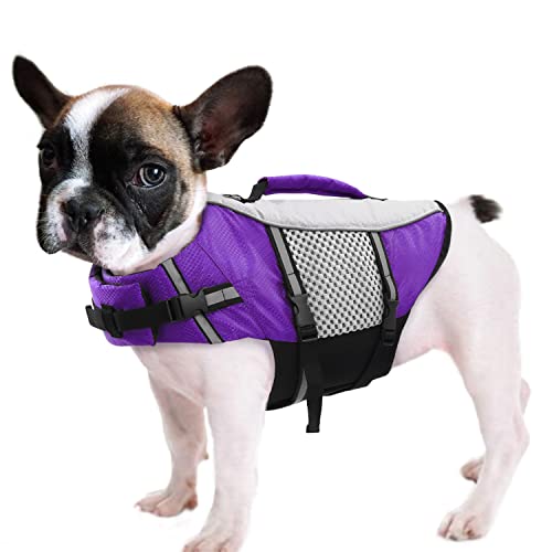 Queenmore Dog Life Jacket Swimming Vest Lightweight High Reflective Pet Lifesaver with Lift Handle, Leash Ring Purple,XS - color: Purple, size: X-Small