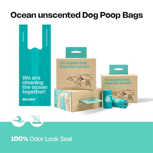 Deo Doo Dog Poop Bags with Handles 144 Counts, Ocean-Recycled, Unscented | 100% Ocean-Waste Materials, Extra thick and Leak Proof, Easy-Tie & Tear-Resistant Design for Dog Walks Cleanups - color: Ocean Blue-100% PCR from Ocean