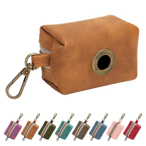Didog Stylish Dog Poop Bag Holder for Leash, Easy-Pull and Colorful PU Leather Dog Poop Bag Dispenser with Metal Clip, Includes 1 Roll Pet Waste Bag for Daily Walking,Light Brown - color: Light Brown