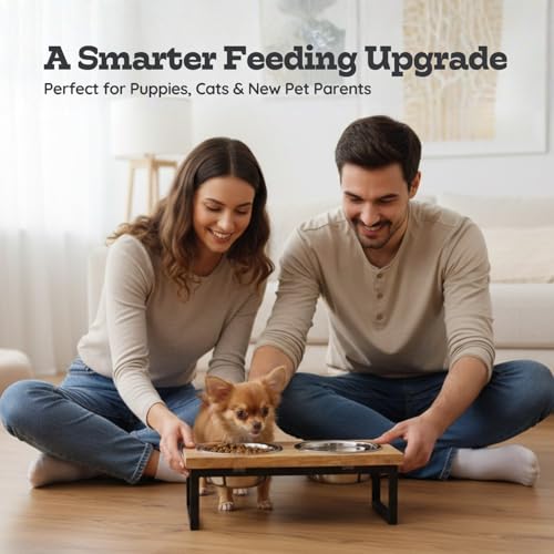 Elevated Dog Bowls, 4” Small Dogs & Cats Raised Bowl Mango Wood Stand, Food & Water 2 Stainless Steel Dishes Each 16oz/2Cup Capacity, Non-Slip Pet Feeder Station in Brown for Toy Breeds - size: 4 Inches / 16oz 2 Bowl